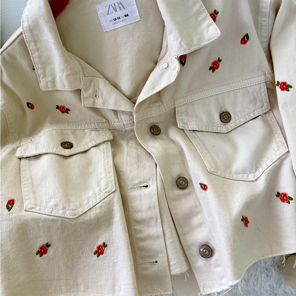 Zara Cream Red Jean Jacket with Embroidered Details